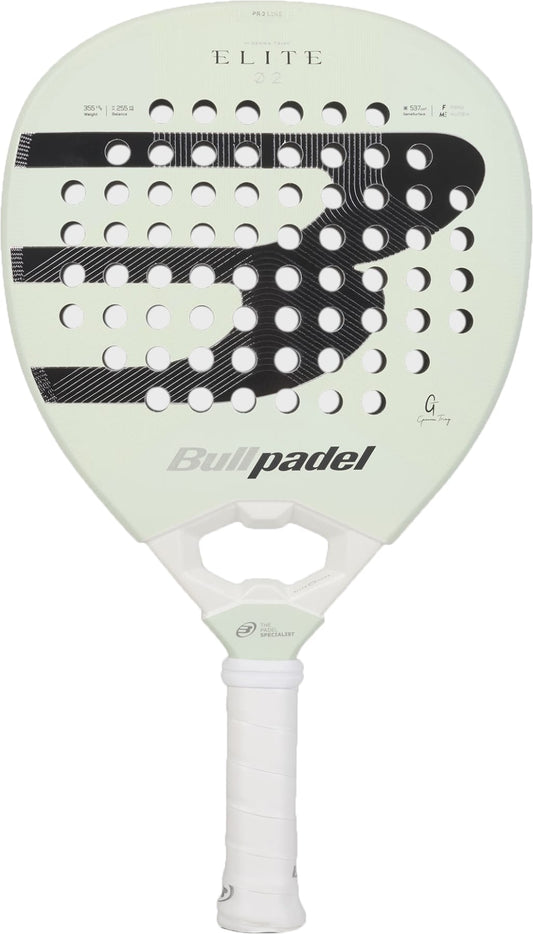 A Bullpadel Elite 02 2027 Padel Racket by Bullpadel, in white with black accents, featuring a teardrop-shaped head, perforated holes, and a white grip, is displayed against a plain background.