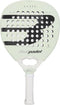 A Bullpadel Elite 02 2027 Padel Racket by Bullpadel, in white with black accents, featuring a teardrop-shaped head, perforated holes, and a white grip, is displayed against a plain background.