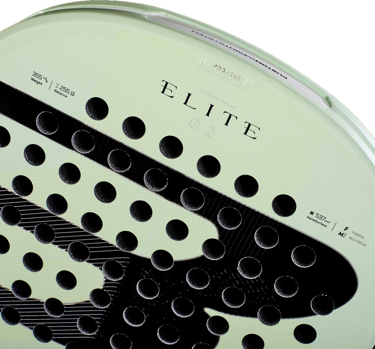 Close-up of a pale green and black Bullpadel Elite 02 2027 Padel Racket with circular holes and “ELITE” branding, featuring a teardrop head design and technical specifications printed near the top edge.