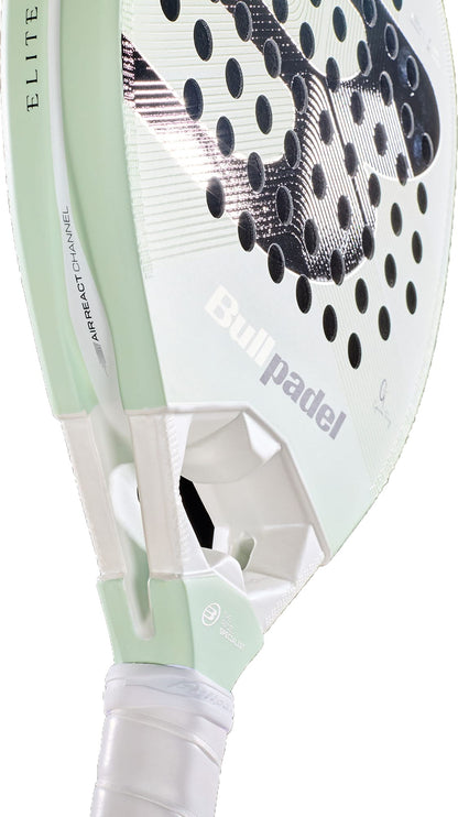 A close-up of the Bullpadel Elite 02 2027 Padel Racket in light green displays its teardrop-shaped head, prominent Bullpadel logo, perforated face, and a portion of the white grip set against a white background.