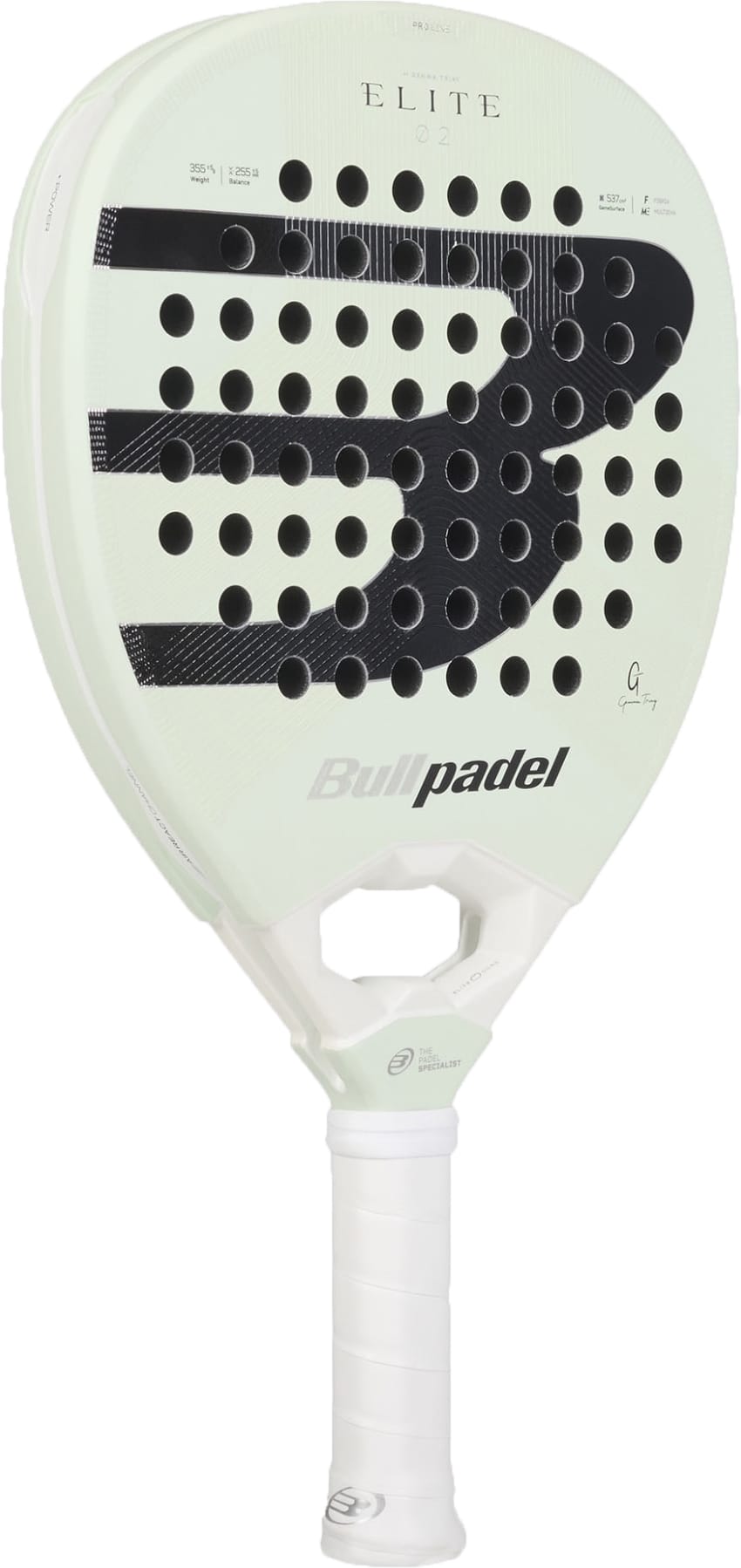 The Bullpadel Elite 02 2027 Padel Racket features a sleek white design with a perforated black “B” logo on the face, “Elite” labeling at the top, and a white grip handle. Designed by Bullpadel, this racket boasts a stylish teardrop head and hybrid format to elevate your performance on the court.