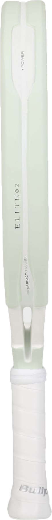 A close-up of the Bullpadel Elite 02 2027 Padel Racket by Bullpadel, highlighting its white grip handle and a portion of the racket’s face, photographed against a plain background. The racket features a distinctive teardrop-shaped head, combining stylish design with enhanced precision.