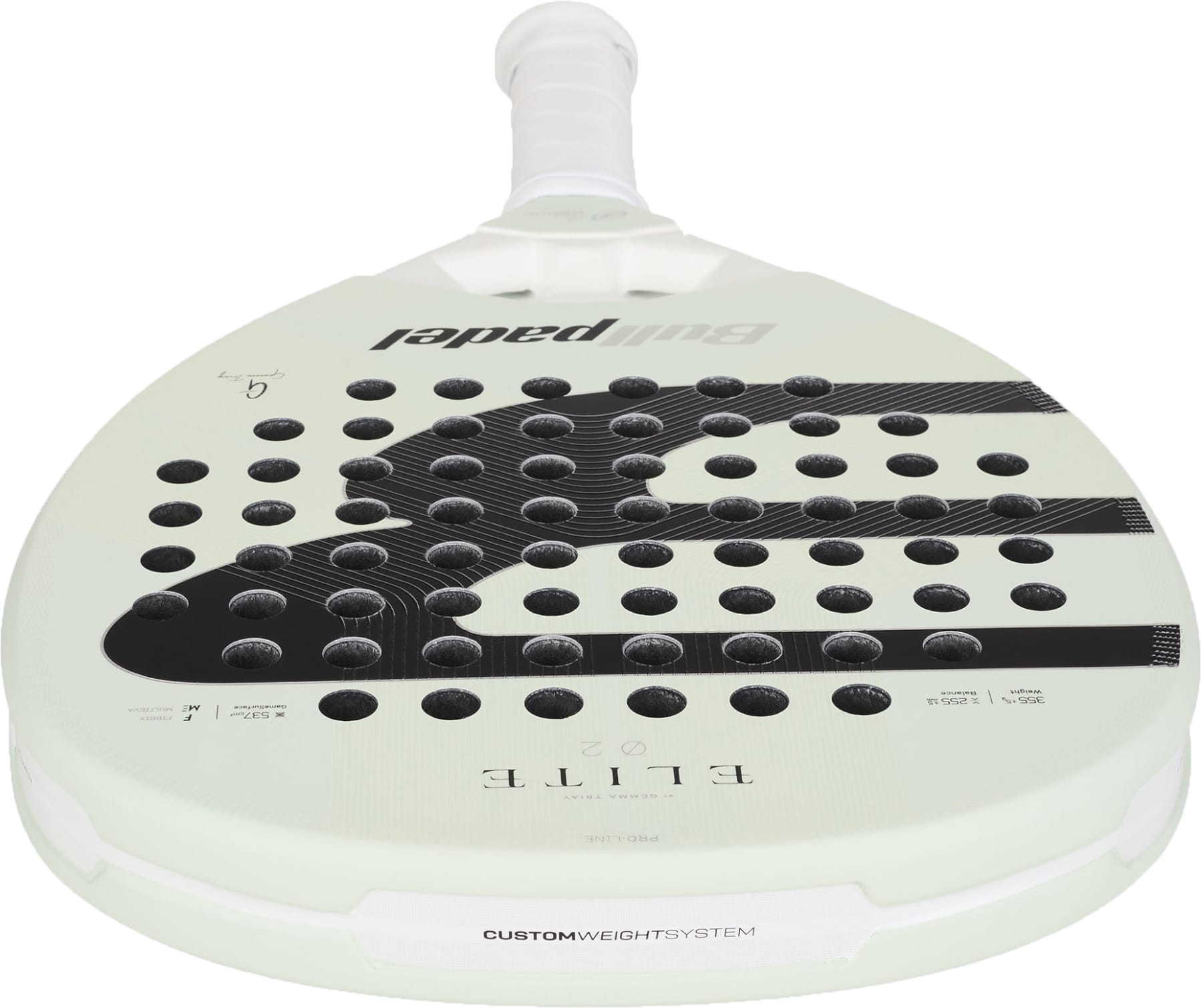 The Bullpadel Elite 02 2027 Padel Racket is a white racket with a teardrop head design, black holes, a large black bull logo, and the “Bullpadel” brand name on its face. Its handle is wrapped in white grip tape, enhancing the racket’s striking hybrid format.