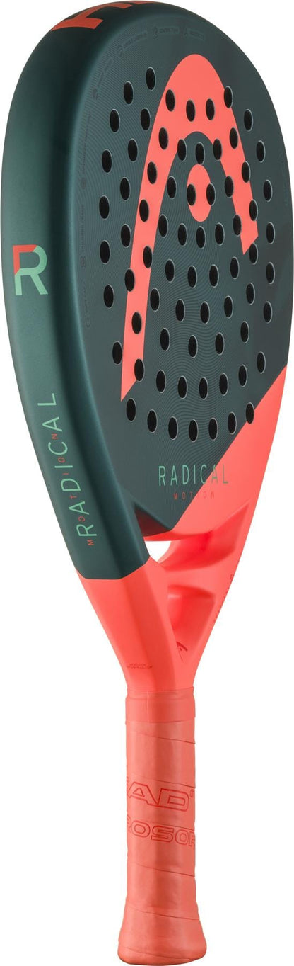The HEAD Radical Motion 2026 Padel Racket by HEAD features a green and orange design, lightweight build, and perforated face—ideal for advanced players seeking precision and standout style on the court.