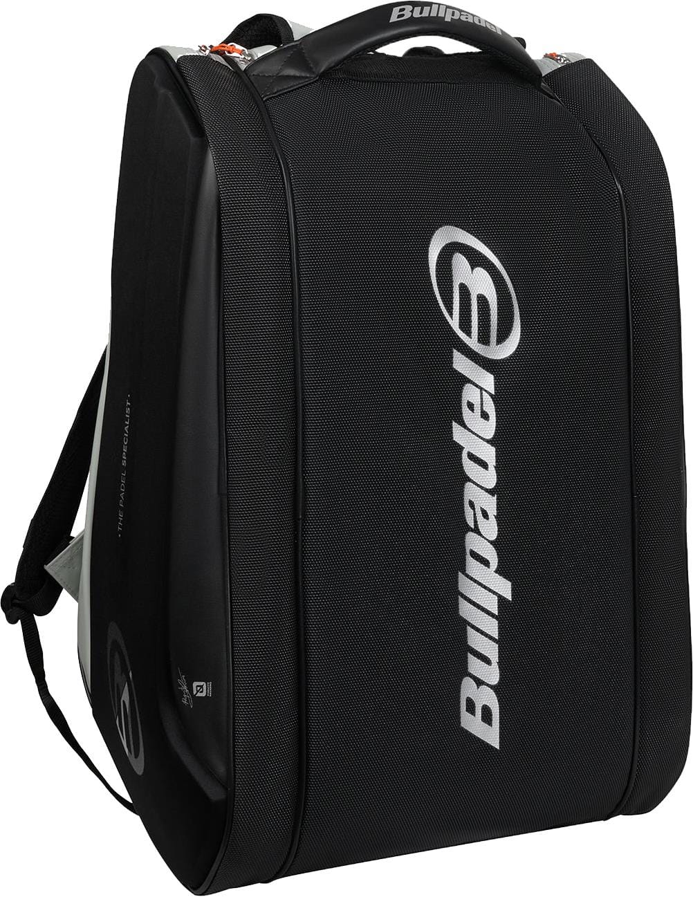 The Bullpadel BPP26013 Hack 2026 Padel Racket Bag in grey features a hard shell, sturdy top handle, zippered compartments, thermal racket sections for protection, and a bold white Bullpadel logo on the front.