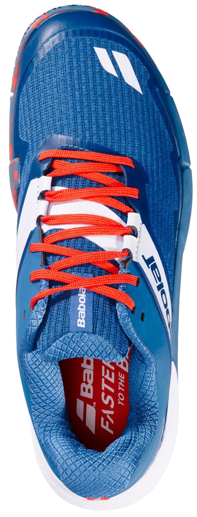 Top view of Babolat Movea 2 Men's Padel Shoes in Seaport/Cherry Tomato, with red laces and the Babolat logo on the tongue and insole. The textured mesh upper is ideal for sports use.