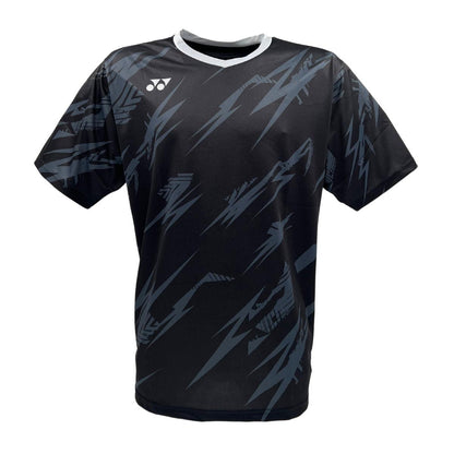 The Yonex YTM8 Men's Padel T-Shirt in Black/Silver features a gray lightning bolt pattern on breathable, moisture-wicking polyester, with white trim at the neckline and a Yonex YTM8 logo on the left chest for added style.