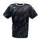 The Yonex YTM8 Men's Padel T-Shirt in Black/Silver features a gray lightning bolt pattern on breathable, moisture-wicking polyester, with white trim at the neckline and a Yonex YTM8 logo on the left chest for added style.