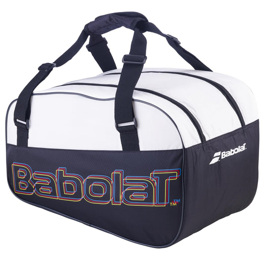 The Babolat RH Padel Lite Racket Bag - Black / White, from the brand Babolat, offers a 35L capacity and features two compartments made from recycled PET. Its sleek black and white design, adjustable straps, and prominently displayed brand logo make it an essential accessory for any sportsperson.