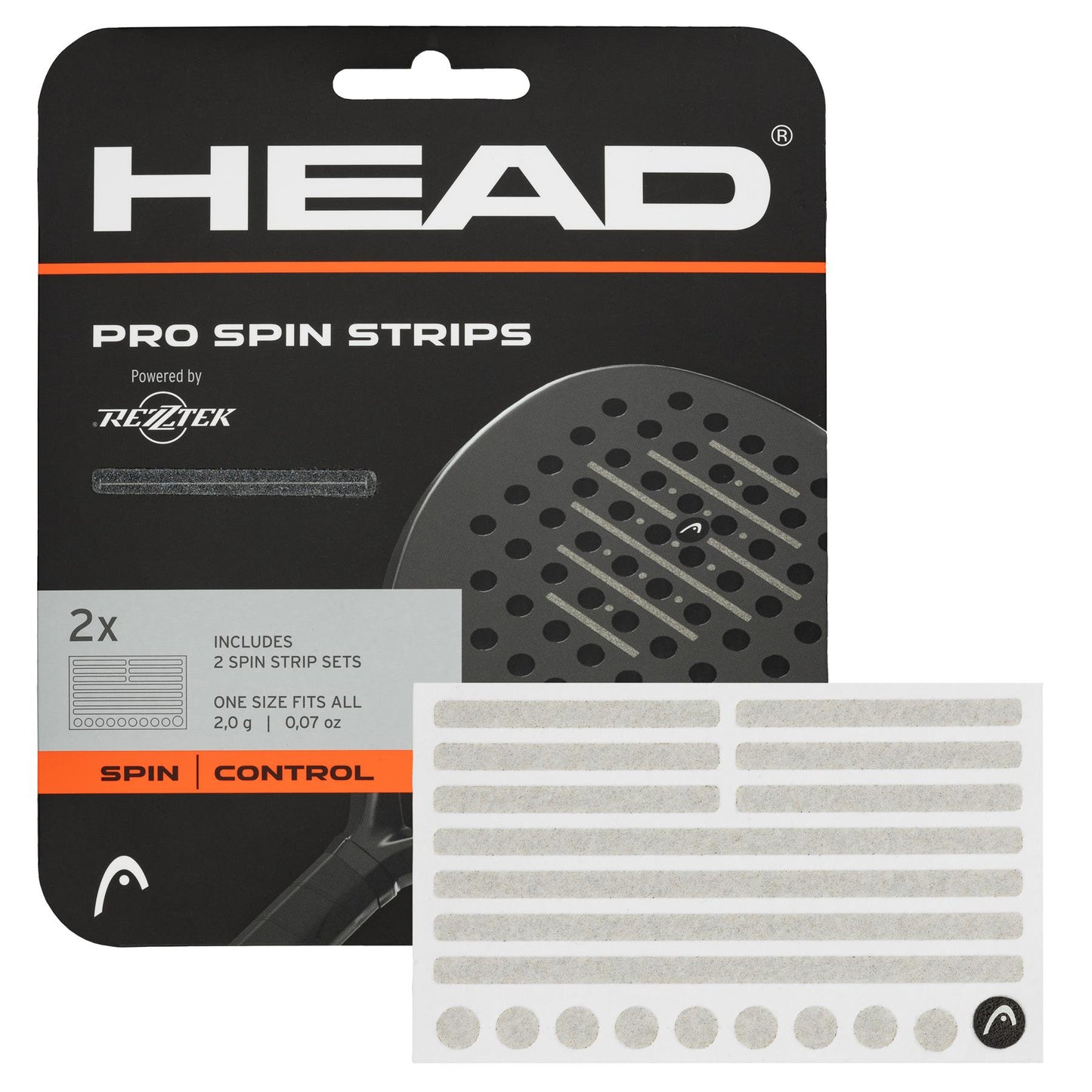 The HEAD Padel Pro Spin Strips package, designed for tennis rackets, enhances ball spin control and comes with two sets of adhesive strips. These strips, which are also perfect for Padel Pro Spin performance, feature a dotted texture and are shown below the packaging.