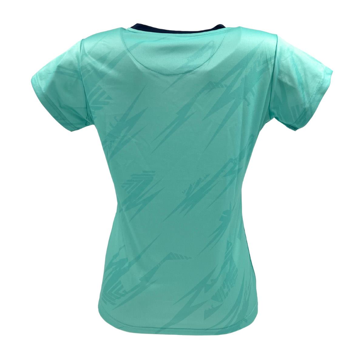 The Yonex YTL8 Women's Padel T-Shirt in Mint/Navy is a teal short-sleeve athletic shirt with a round neckline and slim fit. Made from moisture-wicking polyester, it features a subtle navy geometric pattern for optimal comfort and style on the court.