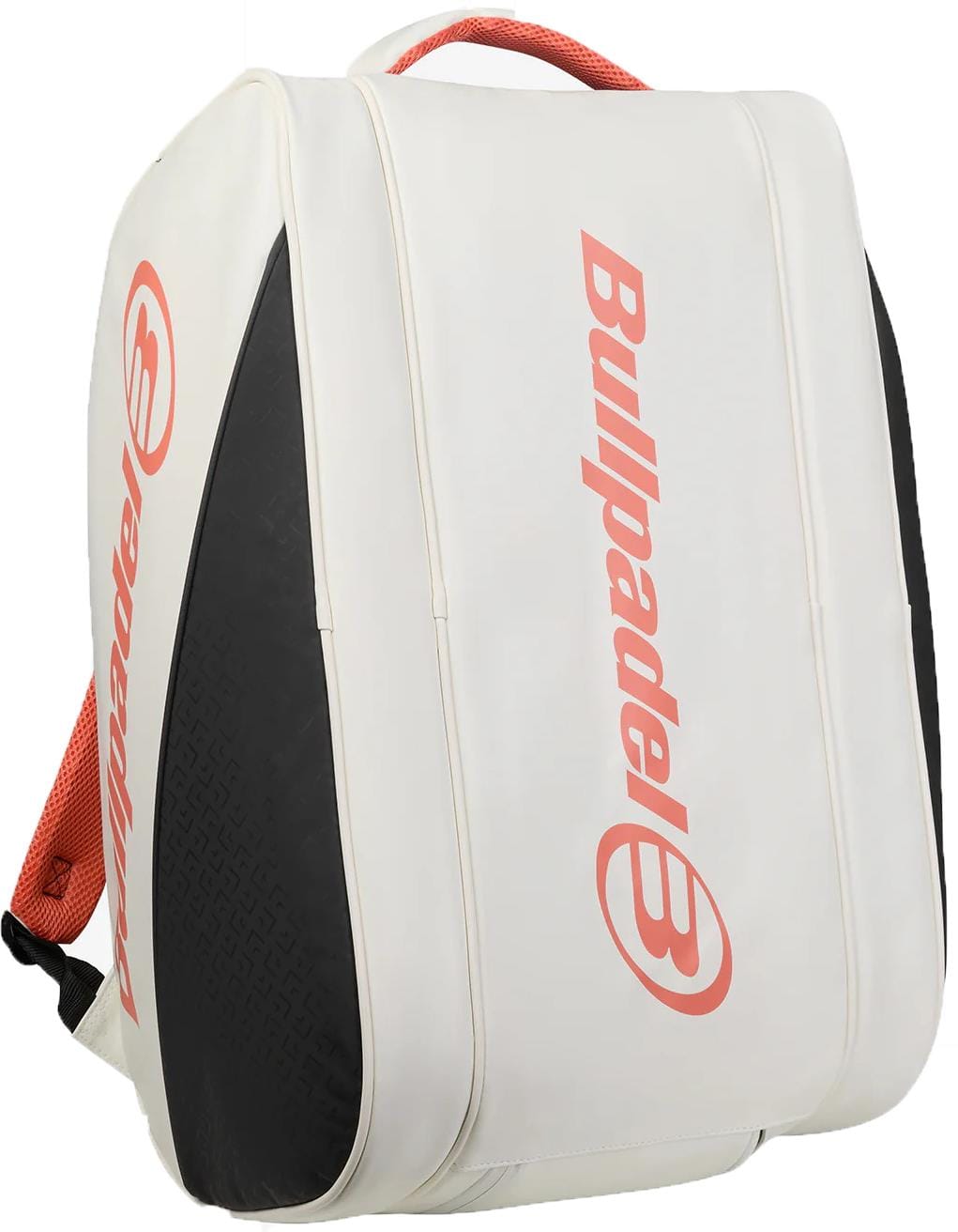 The Bullpadel BPP26019 Elite 2026 Padel Racket Bag in white features black and red accents, red Bullpadel branding, shoulder straps, a structured shape, and thermal racket compartments.