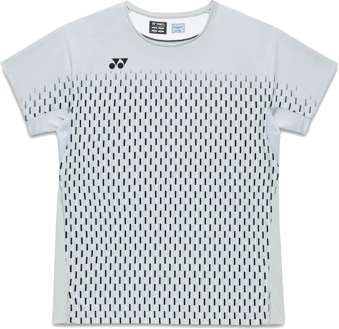 The Yonex 10713EX Crew Neck Men's Padel T-Shirt in Silver Grey features a black dashed vertical front pattern, short sleeves, and a small black logo on the left chest.