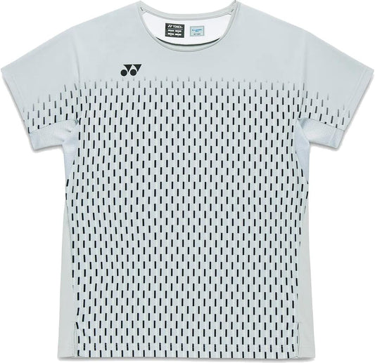 The Yonex 10713EX Crew Neck Men's Padel T-Shirt in Silver Grey features a black dashed vertical front pattern, short sleeves, and a small black logo on the left chest.