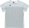 The Yonex 10713EX Crew Neck Men's Padel T-Shirt in Silver Grey features a black dashed vertical front pattern, short sleeves, and a small black logo on the left chest.