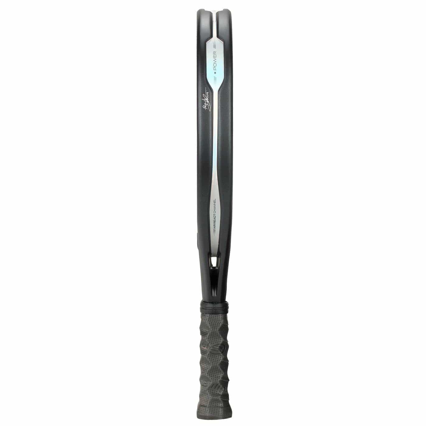 The Bullpadel HACK 04 Hybrid 2026 Padel Racket in grey and black is displayed vertically from the side, showing off its thin profile and dynamic power design.