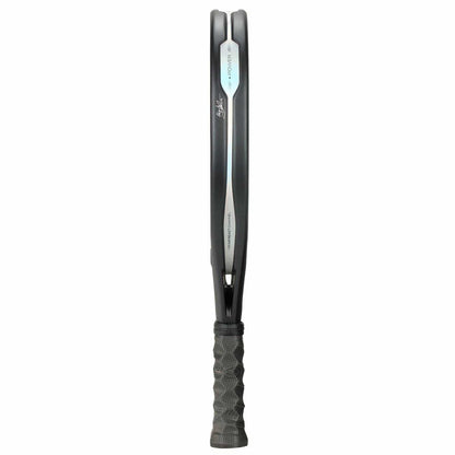 The Bullpadel HACK 04 Hybrid 2026 Padel Racket in grey and black is displayed vertically from the side, showing off its thin profile and dynamic power design.
