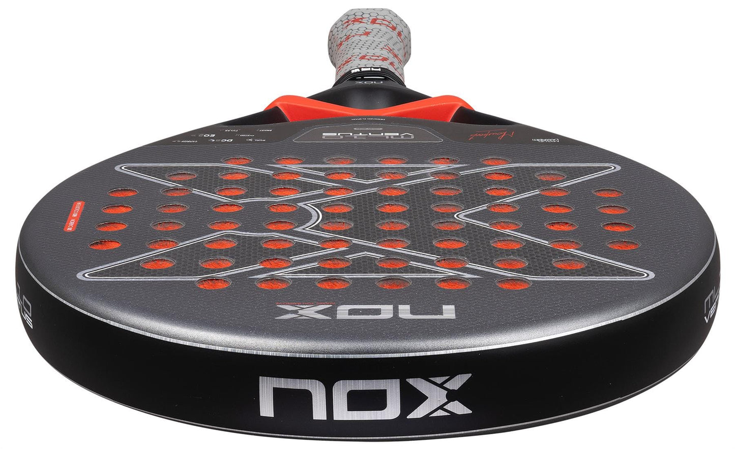Close-up of the NOX ML10 Ventus Control 3K by Miguel Lamperti 2026 padel racket, featuring a round face with hole pattern, bold “X” design, and NOX branding—ideal for players seeking top control.