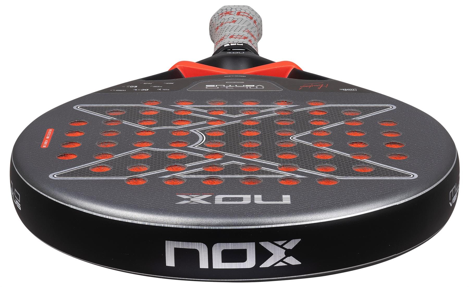 Close-up of the NOX ML10 Ventus Control 3K by Miguel Lamperti 2026 padel racket, featuring a round face with hole pattern, bold “X” design, and NOX branding—ideal for players seeking top control.
