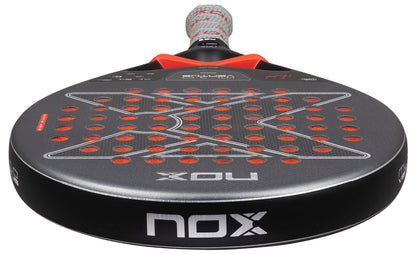 Close-up of the NOX ML10 Ventus Control 3K by Miguel Lamperti 2026 padel racket, featuring a round face with hole pattern, bold “X” design, and NOX branding—ideal for players seeking top control.