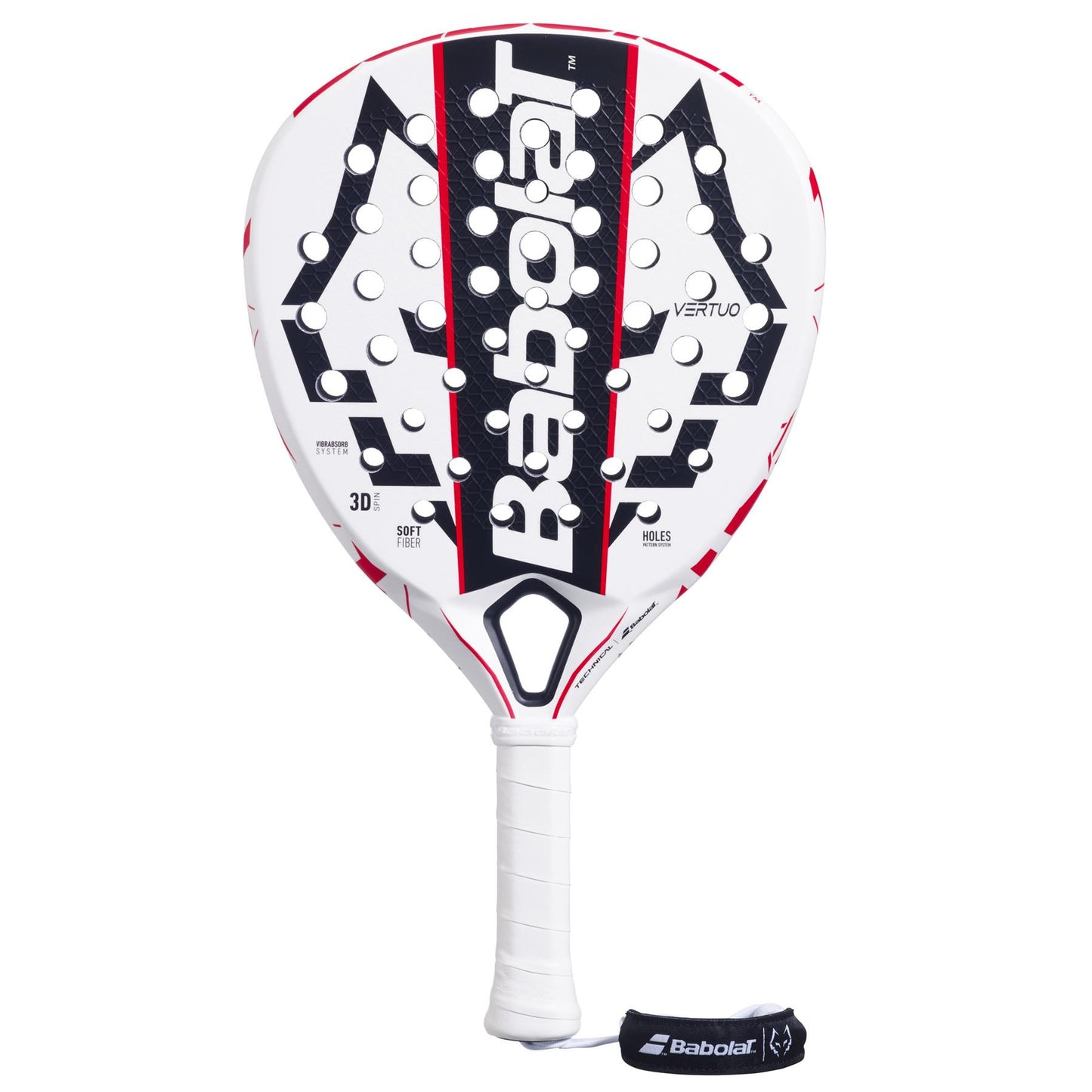 The Babolat Technical Vertuo Juan Lebrón Padel Racket, with "Babolat" in bold black letters on its white and red face, is ideal for Technical Strikers. It features a perforated design, white grip, and a black wrist strap with the iconic Babolat logo.