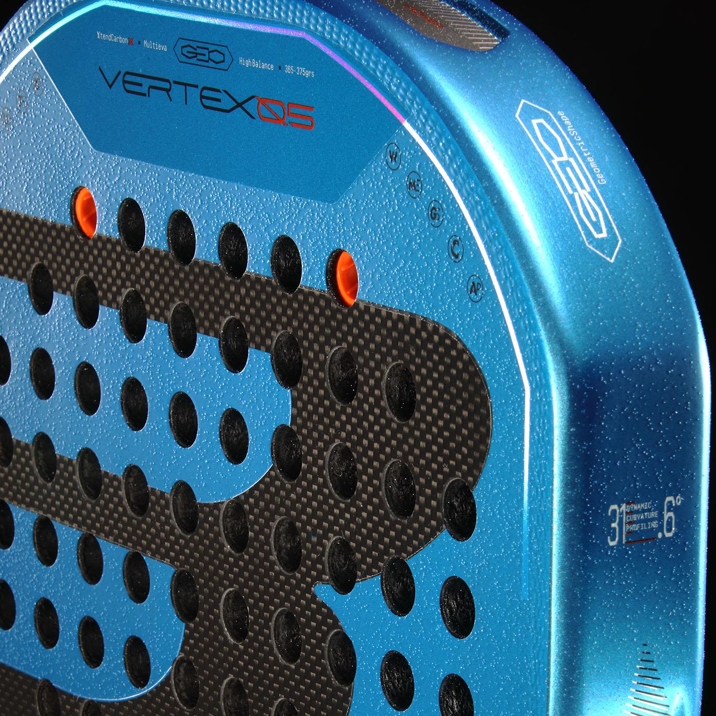 Close-up of the Bullpadel Vertex 05 GEO 2026 Padel Racket in blue and black, highlighting its textured carbon fiber surface and bold Bullpadel branding on the side and face.