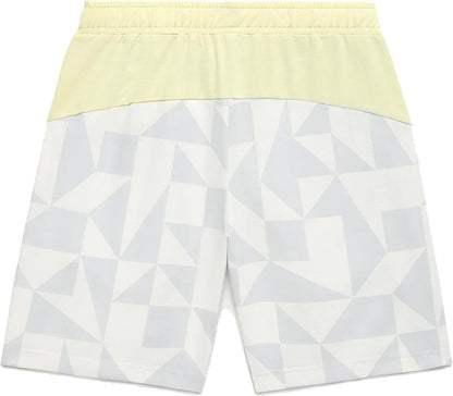 Back view of Yonex 15240YX Knit Mens Padel Shorts in Champagne, featuring a breathable knit design with a pale yellow waistband and light grey and white geometric pattern—perfect for men's padel.