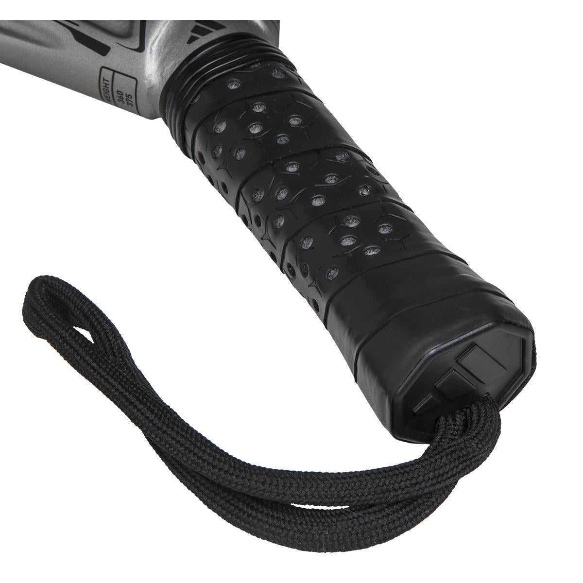 Close-up of a black grip handle with textured surface and looped wrist strap, reminiscent of the ADIDAS Adipower Carbon CTRL 3.4 Padel Racket by adidas. The partial metallic tool features hints of Spin Blade Mold technology at the top.