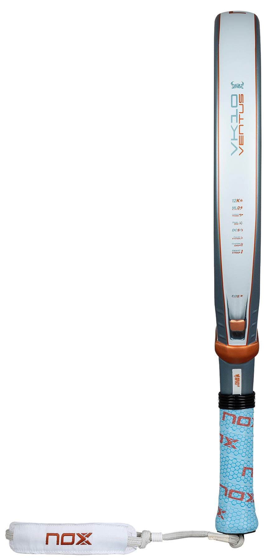The NOX Luxury VK10 Ventus Control 12K By Aranzazu Osoro 2026 padel racket features light blue, gray, and orange accents, a patterned grip, and a white "NOX" wrist strap. It stands vertically on a white background.