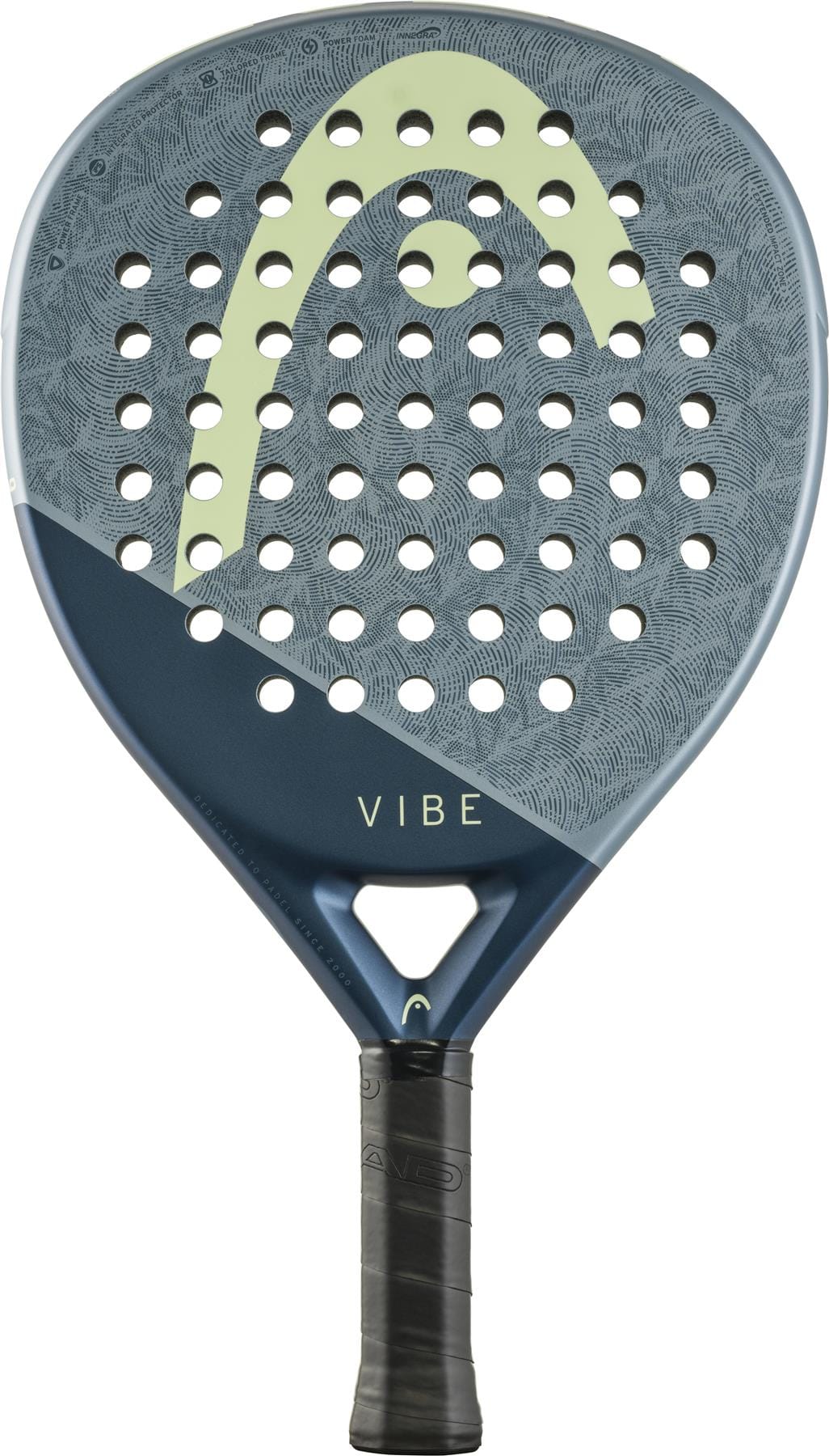 The HEAD Vibe 2026 Blue / Yellow Padel Racket by HEAD features a blue and yellow design, fibreglass hitting surface, large yellow HEAD logo, "VIBE" in gold letters, circular holes on the face, and a black grip handle.
