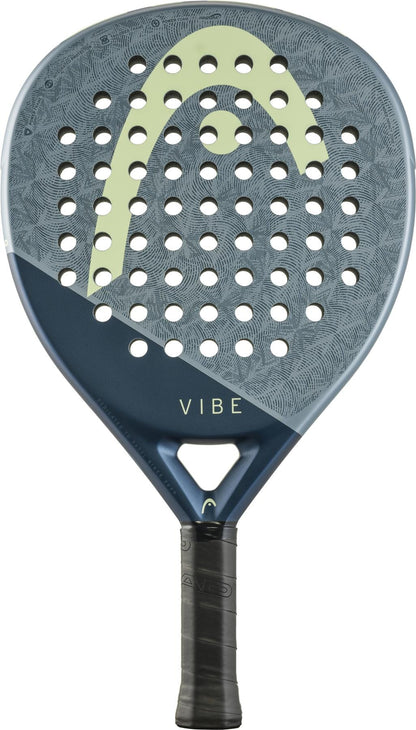 The HEAD Vibe 2026 Blue / Yellow Padel Racket by HEAD features a blue and yellow design, fibreglass hitting surface, large yellow HEAD logo, "VIBE" in gold letters, circular holes on the face, and a black grip handle.