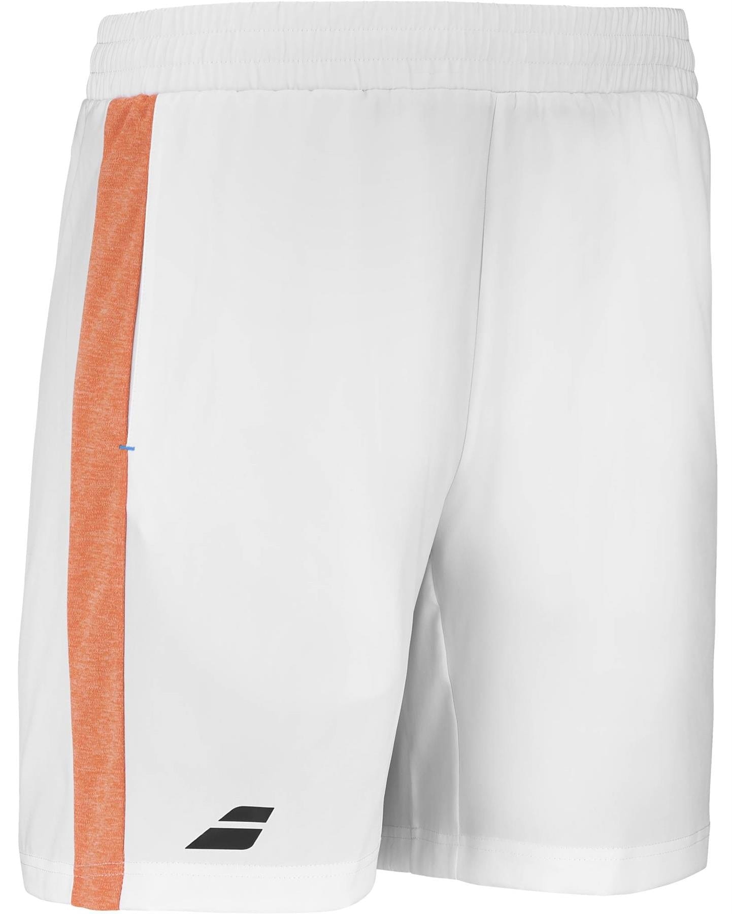 The Babolat Play Mens Padel Shorts - White/White by Babolat feature a vertical orange stripe on the left and a small black logo near the hem. Designed for racket sports, these shorts offer an elastic waistband for comfort.