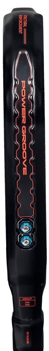 Close-up of the adidas Metalbone by Ale Galán 2026 Padel Racket - Black handle, featuring "POWER GROOVE" in red, orange accents, side grooves, and blue circular details highlighting this advanced adidas padel racket’s features.