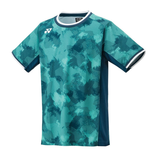 Presenting the Yonex 10575 Crew Neck Men's Padel T-Shirt - Night Sky, this piece boasts a short-sleeve design in turquoise and teal camouflage with a contrasting white neckline. The VeryCool Dry technology enhances its style and comfort, complemented by a subtle white logo on the chest.