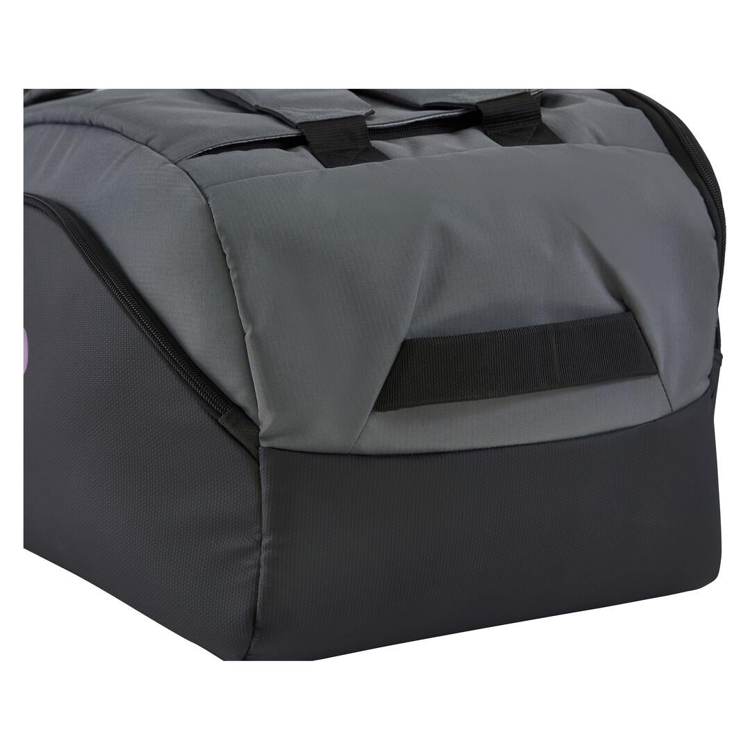 The HEAD Pro X Duffle Padel Bag L in Black/Dark Grey is made from recycled PET bottles. This sturdy bag features a top handle and a rectangular shape with rounded corners.