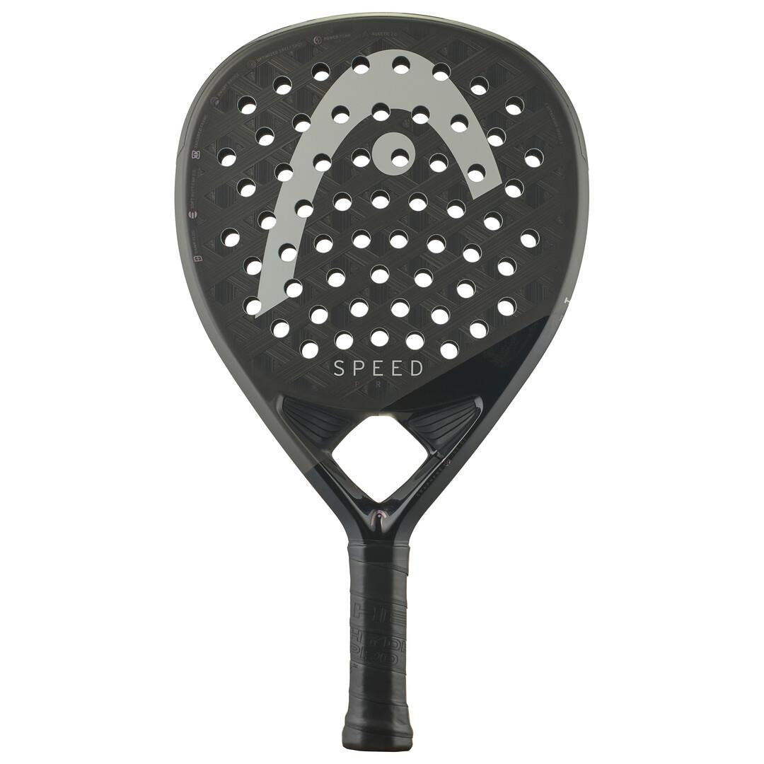 The HEAD Speed Pro 2025 Padel Racket - Black features a perforated surface with a large "S" logo and the word "SPEED" near the head. It includes Power Foam for enhanced play and a black handle with a textured grip for optimal performance.