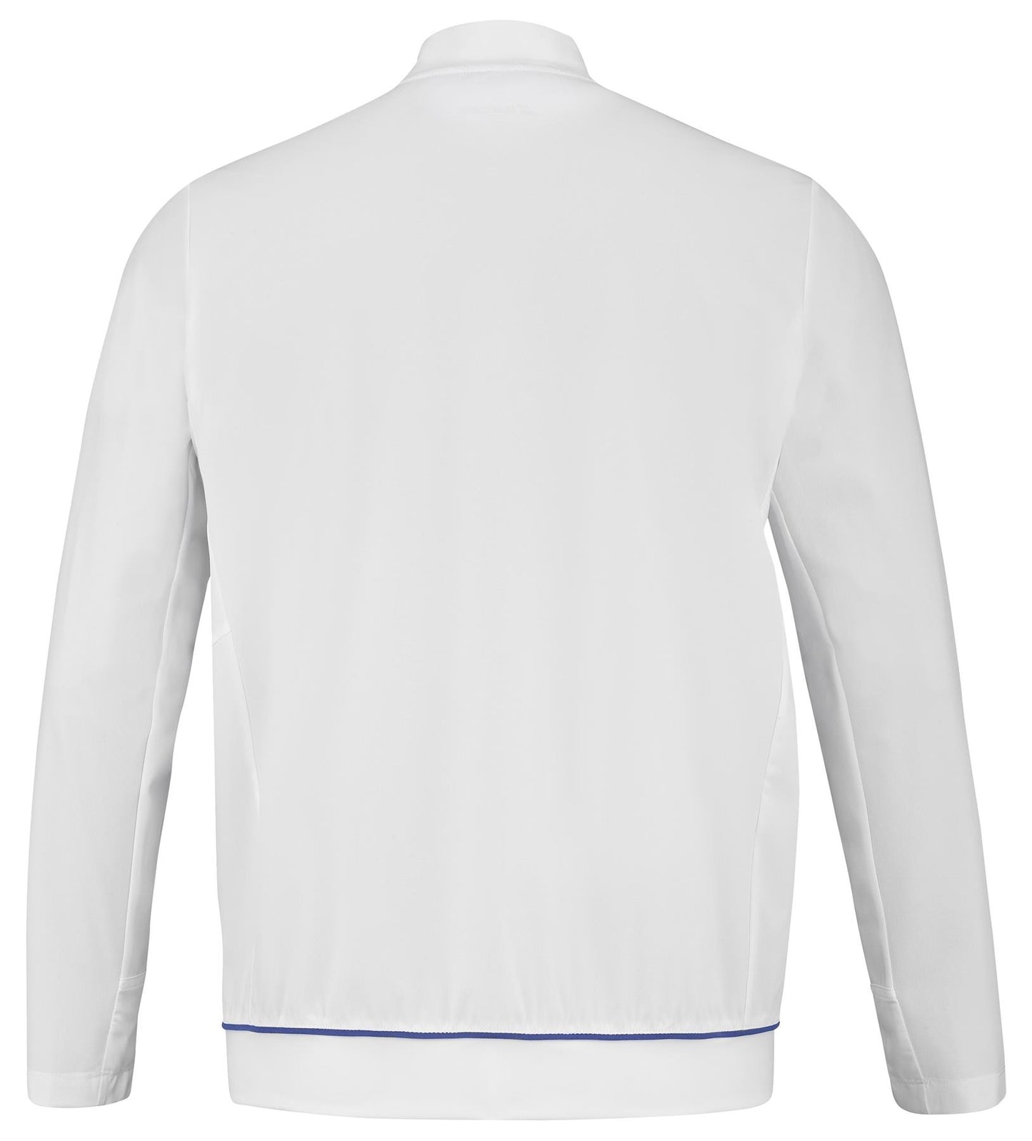 The back view of the Babolat Play Men's Padel Jacket in plain white showcases long sleeves and is crafted from recycled polyester. It features a simple design with a slight blue trim at the bottom hem, adding to its modern appeal. Ideal for those who value stylish sustainable fashion, this jacket embodies the Babolat brand's commitment to quality.