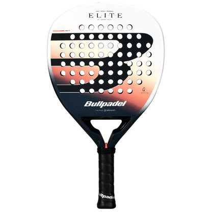 The Bullpadel Elite W 2026 Padel Racket in black and white features a bold "B" logo, perforated surface, and comfortable grip. Lightweight and designed for top performance, it's ideal for women seeking quality play.