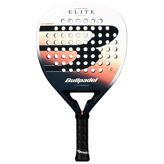 The Bullpadel Elite W 2026 Padel Racket in black and white features a bold "B" logo, perforated surface, and comfortable grip. Lightweight and designed for top performance, it's ideal for women seeking quality play.