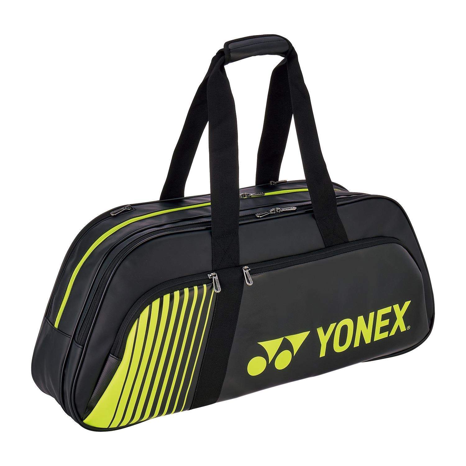 The Yonex 82431WEX Active Tournament Padel Bag in black with lime accents features the Yonex logo, two black handles, multiple zippered compartments including one for shoes, all wrapped in a sleek rectangular design.