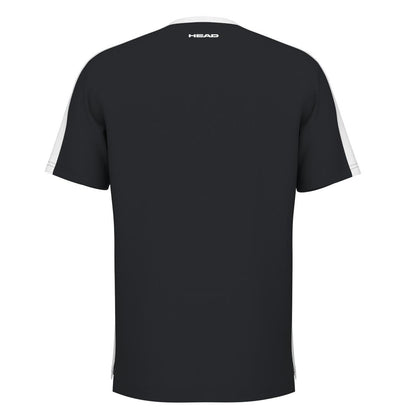 The reverse side of the HEAD Vision Slice Men's Padel T-Shirt - Black showcases a piece of sportswear with short sleeves and distinctive white stripes along the shoulders. Designed with Moisture Transfer Microfiber for enhanced comfort, it is adorned with the HEAD brand logo positioned at the upper back.