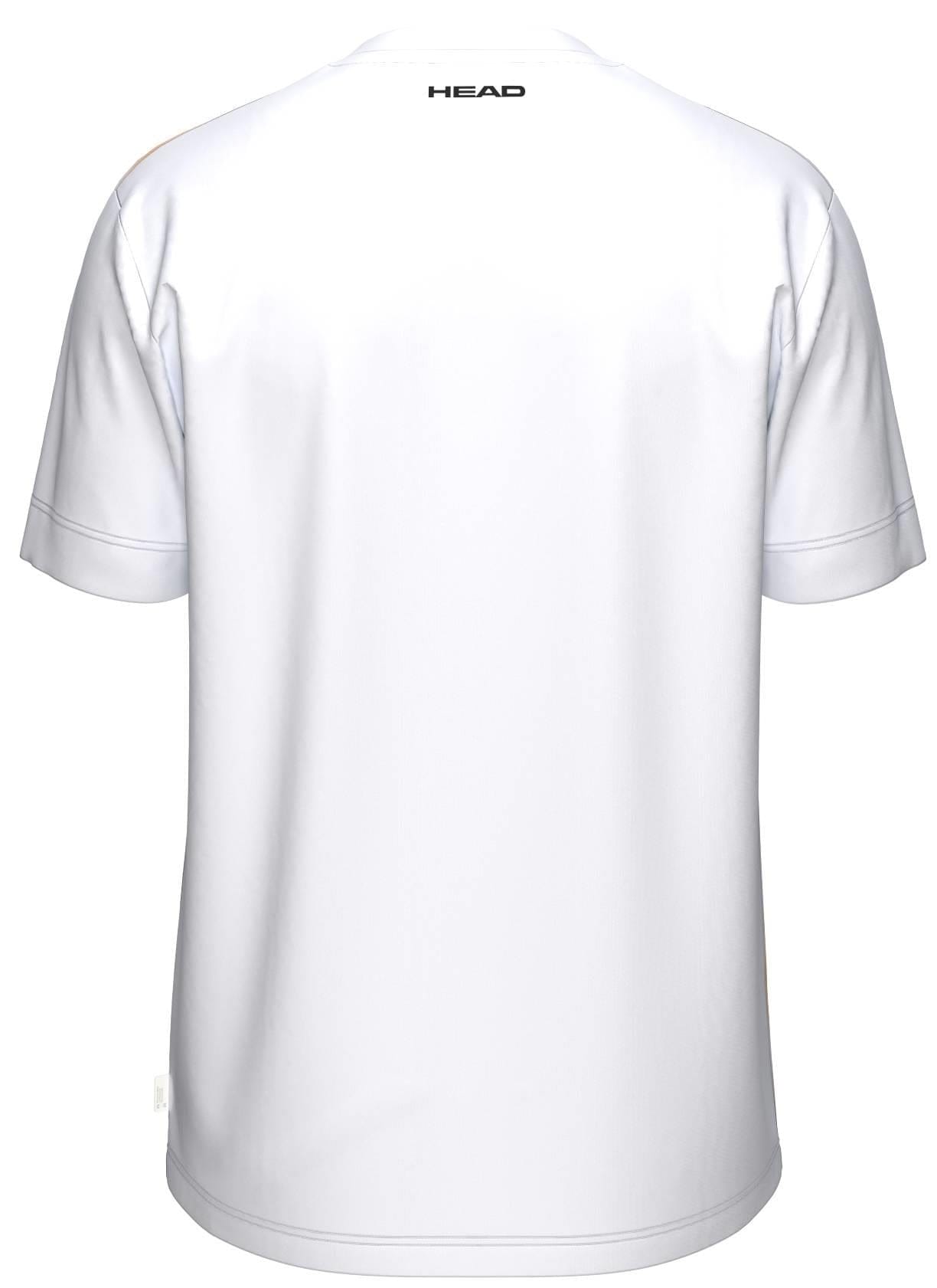 Back view of the HEAD Blur Men’s Padel T-Shirt - PUXU in plain white, with small black "HEAD" branding beneath the collar, made from breathable sportswear fabric for comfort on and off the court.