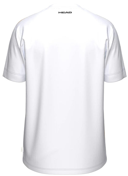Back view of the HEAD Blur Men’s Padel T-Shirt - PUXU in plain white, with small black "HEAD" branding beneath the collar, made from breathable sportswear fabric for comfort on and off the court.