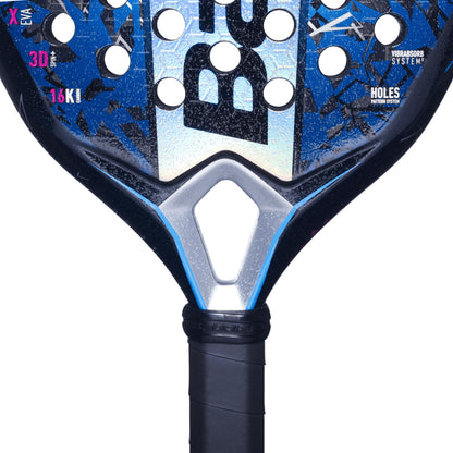 Close-up of a Babolat Air Viper 2.5 Padel Racket - Blue shows geometric patterns and holes on the head. The black grip complements the "Vibrasorb System" text, highlighting its advanced Holes Pattern System designed for Air Strikers seeking precision.