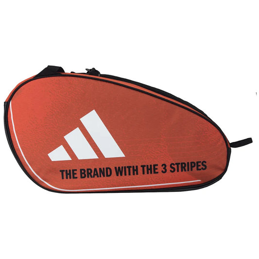 The adidas Control 3.4 Padel Racket Bag in orange features a roomy racket compartment, white adidas logo, and "THE BRAND WITH THE 3 STRIPES" text on the side with a modern graphic design.