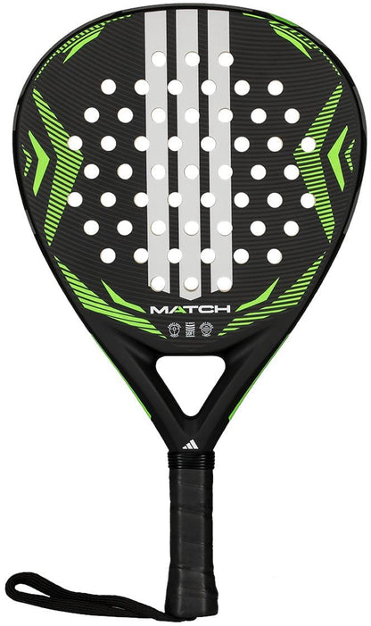 The adidas Match Lime 2026 Padel Racket - Black / Lime features a teardrop shape, white perforations, wrapped handle, and wrist strap—making it an ideal beginner padel racket.