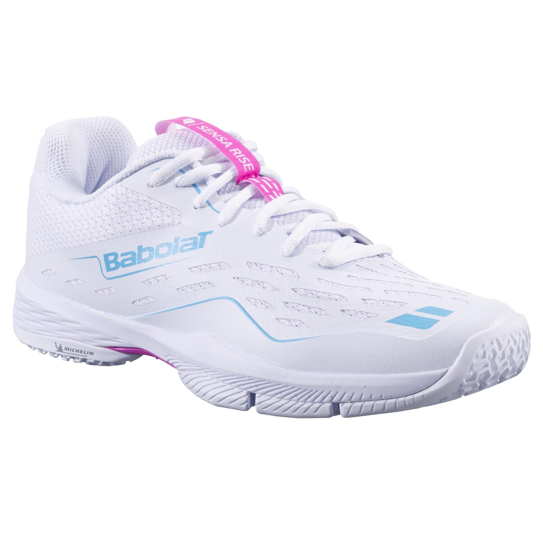 The Babolat Sensa Rise Womens Padel Shoes in White/Rhodamine Red feature a mesh upper, textured sole, and athletic design—ideal padel footwear from Babolat.