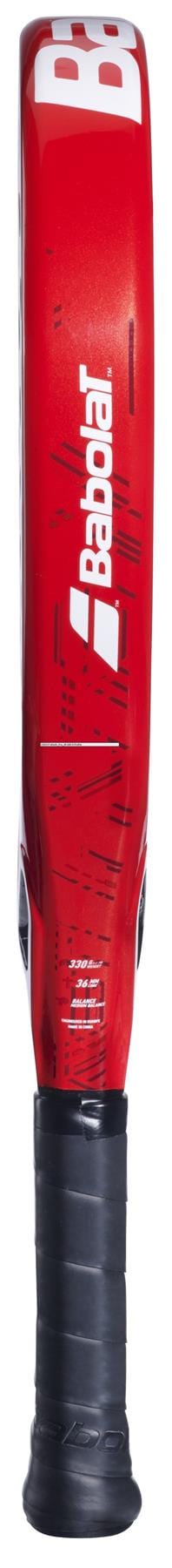 A Babolat Alioth Pro Junior Padel Racket in red and black is shown from the side, highlighting the Babolat brand name and logo on the frame, with a black grip handle at the bottom.