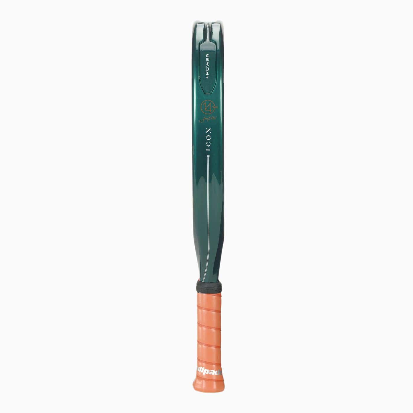 A Bullpadel Icon 2026 Padel Racket - Green stands vertically, viewed from the side to show only its thin edge and bold design.