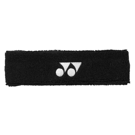 The Yonex AC259 Padel Headband - Black displays a distinctive white logo featuring two connected circles and a downward-pointing triangle. Crafted from materials that absorb sweat and have antibacterial properties, its soft texture makes it ideal for athletic activities.